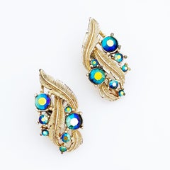 Orecchini a foglia di cristallo blu Aurora Boreale di Coro, anni '60