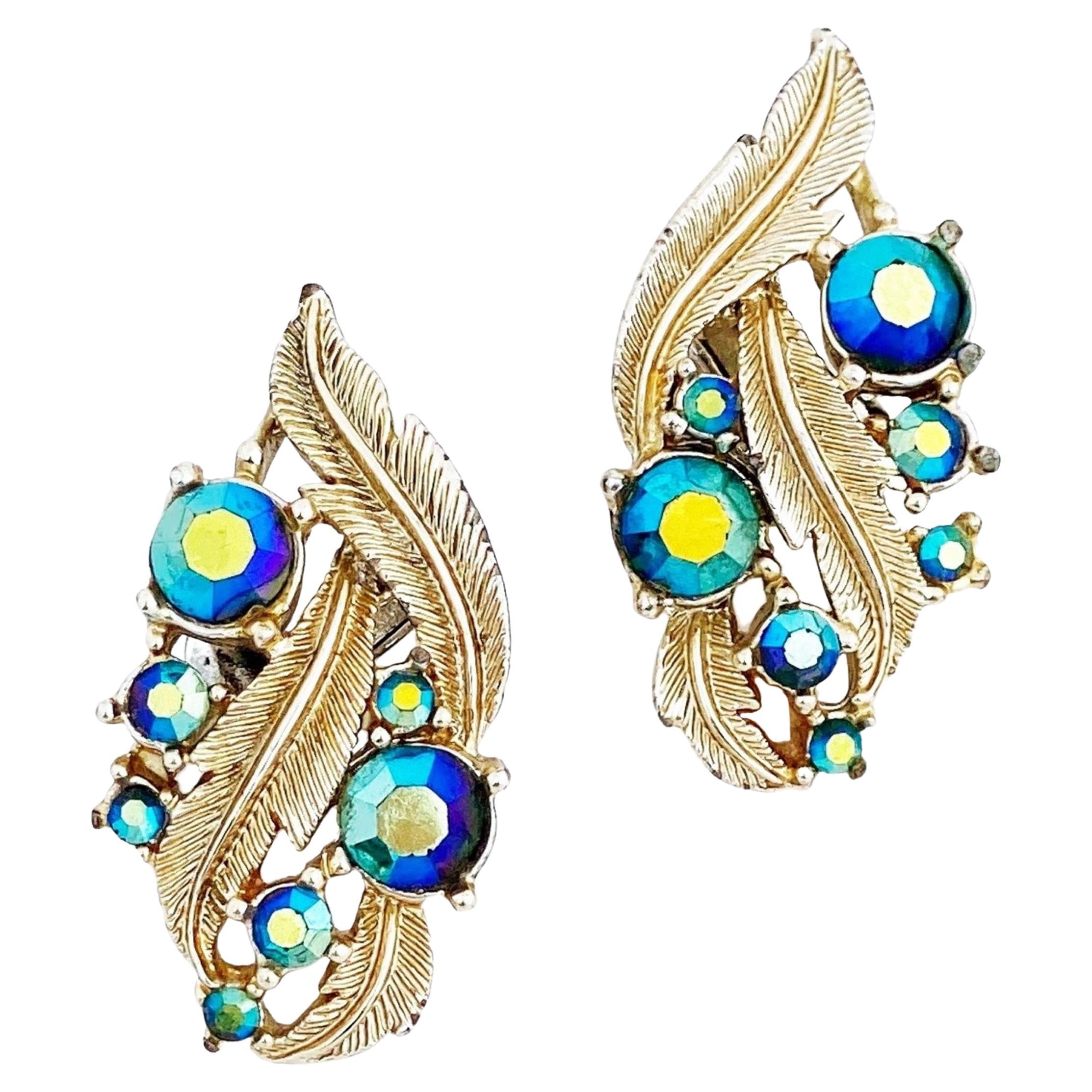 Blue Aurora Borealis Crystal Leaf Earrings By Coro, 1960s For Sale