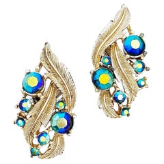 Blue Aurora Borealis Crystal Leaf Earrings By Coro, 1960s