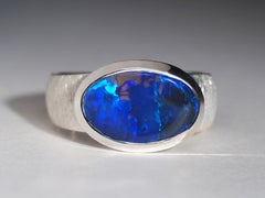 Blue Australian Opal Silver Ring Lightning thunderstorm Blue Opal Jewelry 3ct