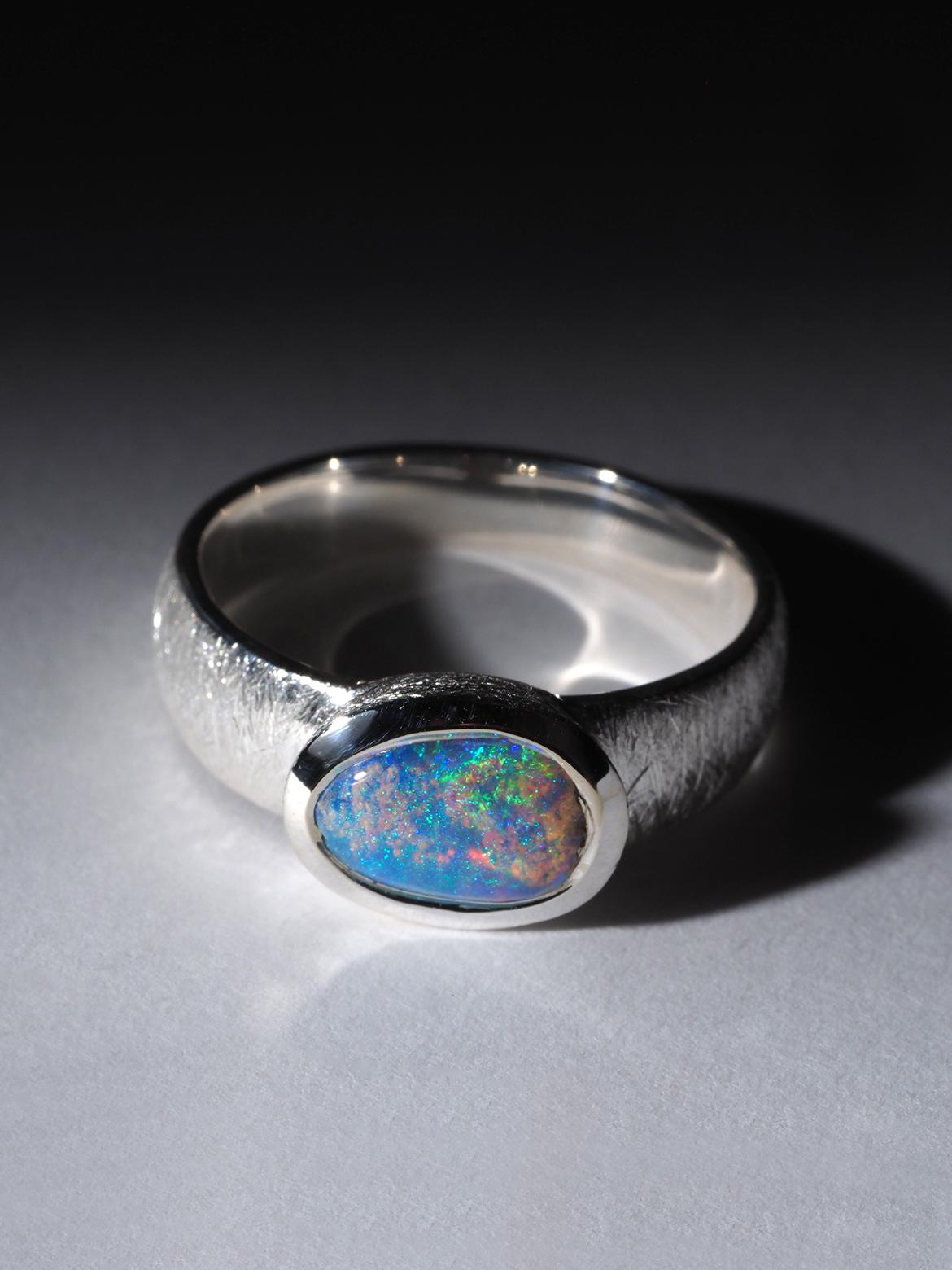 Artisan Blue Australian Opal Silver Ring Valentines gift female friend wife anniversary For Sale
