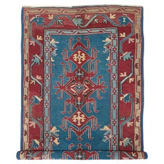 Kilim caucasico blu Avar - Tappeto Runner in lana a trama piatta vintage - 4′6″×10′ - 1930s