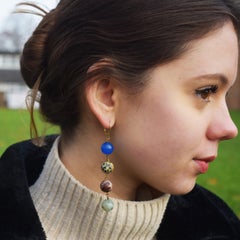 Blue Aventurine Dalmatian Jasper Mookaite and Sesame Jasper Yellow Gold Earrings