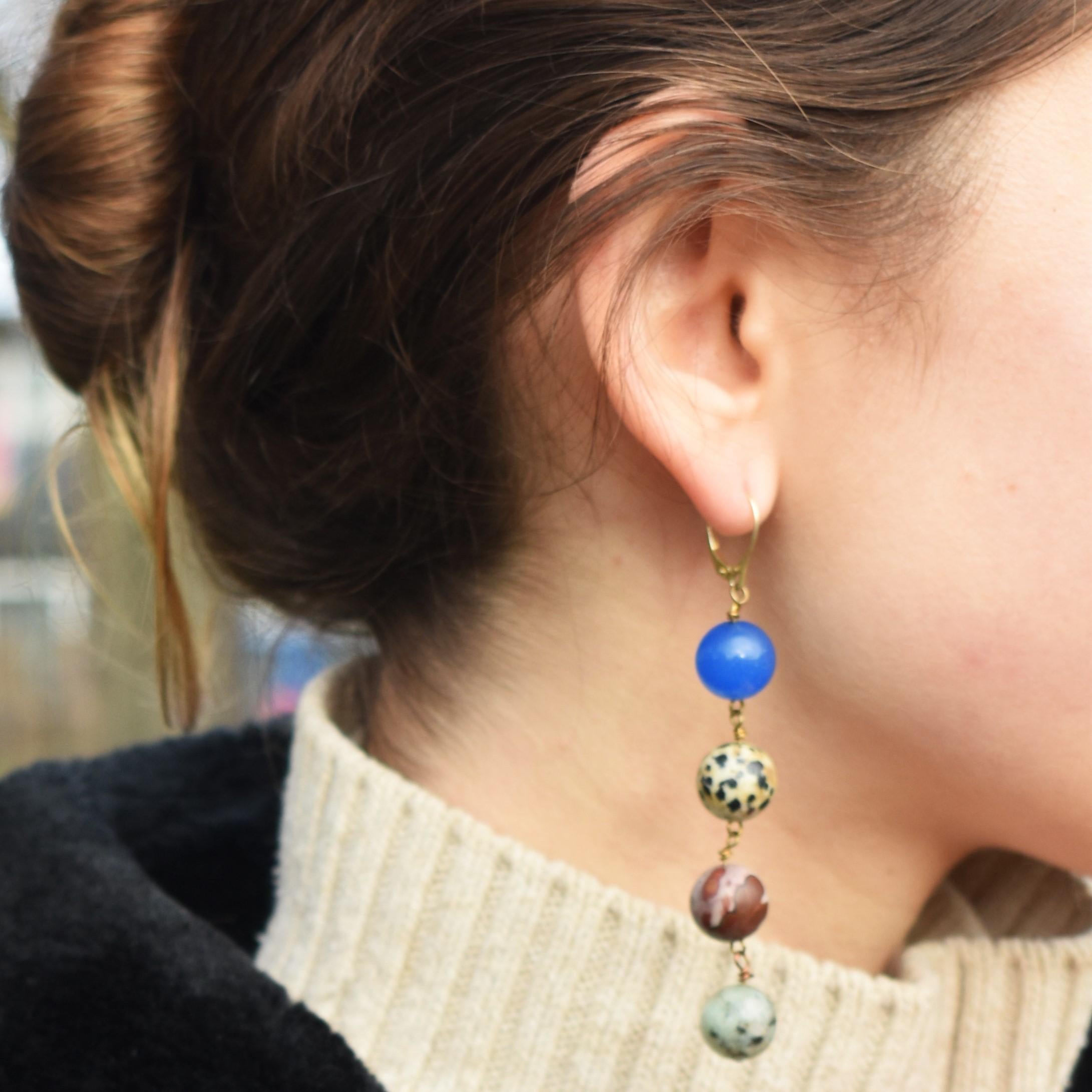 Women's Blue Aventurine Dalmatian Jasper Mookaite and Sesame Jasper Yellow Gold Earrings For Sale