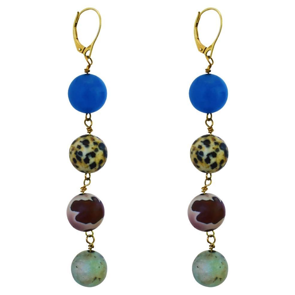 Blue Aventurine Dalmatian Jasper Mookaite and Sesame Jasper Yellow Gold Earrings