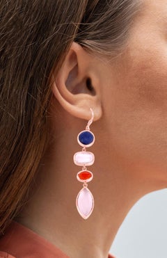 Pendientes Colgantes Aventurina Azul Cornalina Cuarzo Rosa 33 Quilates Baño de Oro 14K