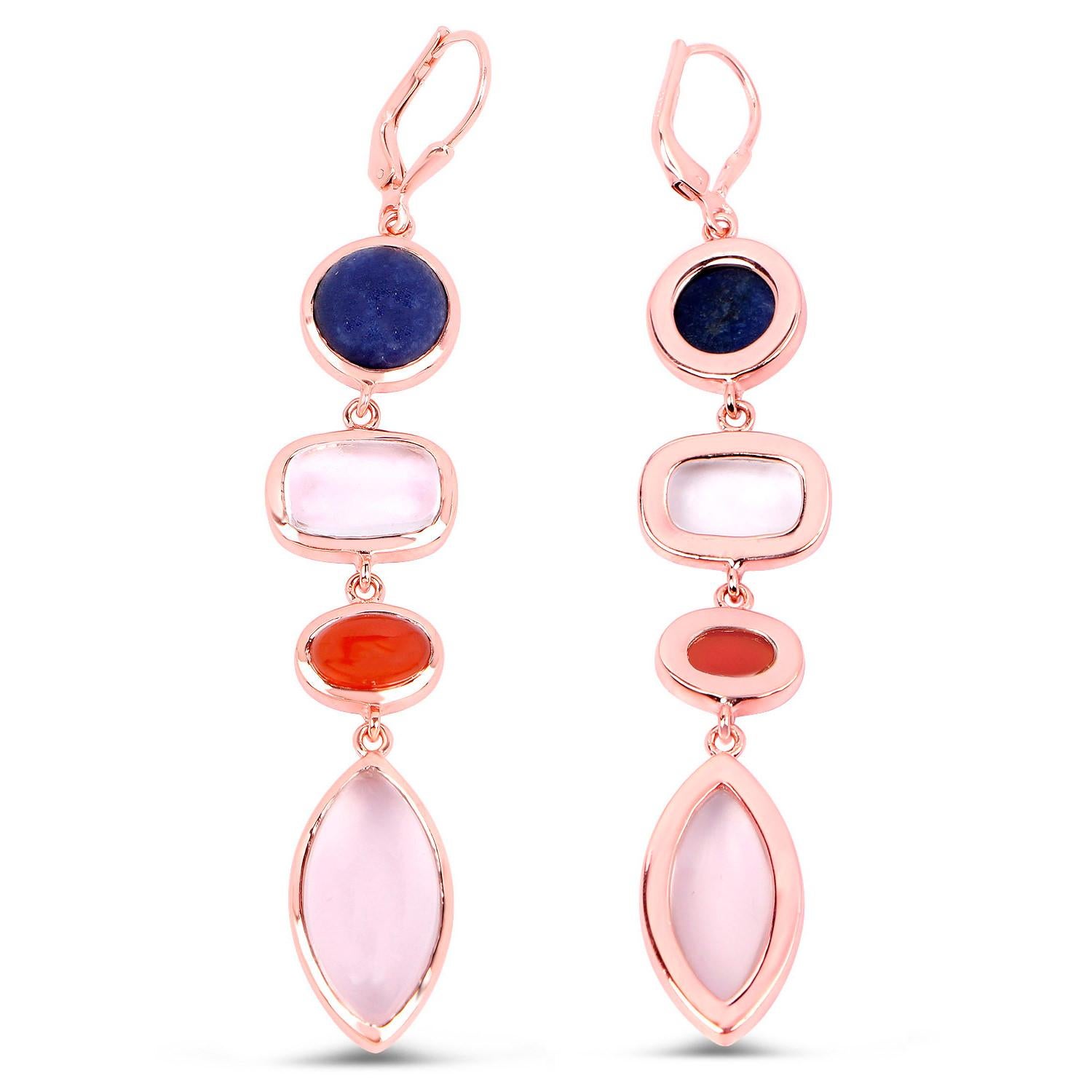 Pendientes Colgantes Aventurina Azul Cornalina Cuarzo Rosa 33 Quilates Baño de Oro 14K Contemporáneo en venta
