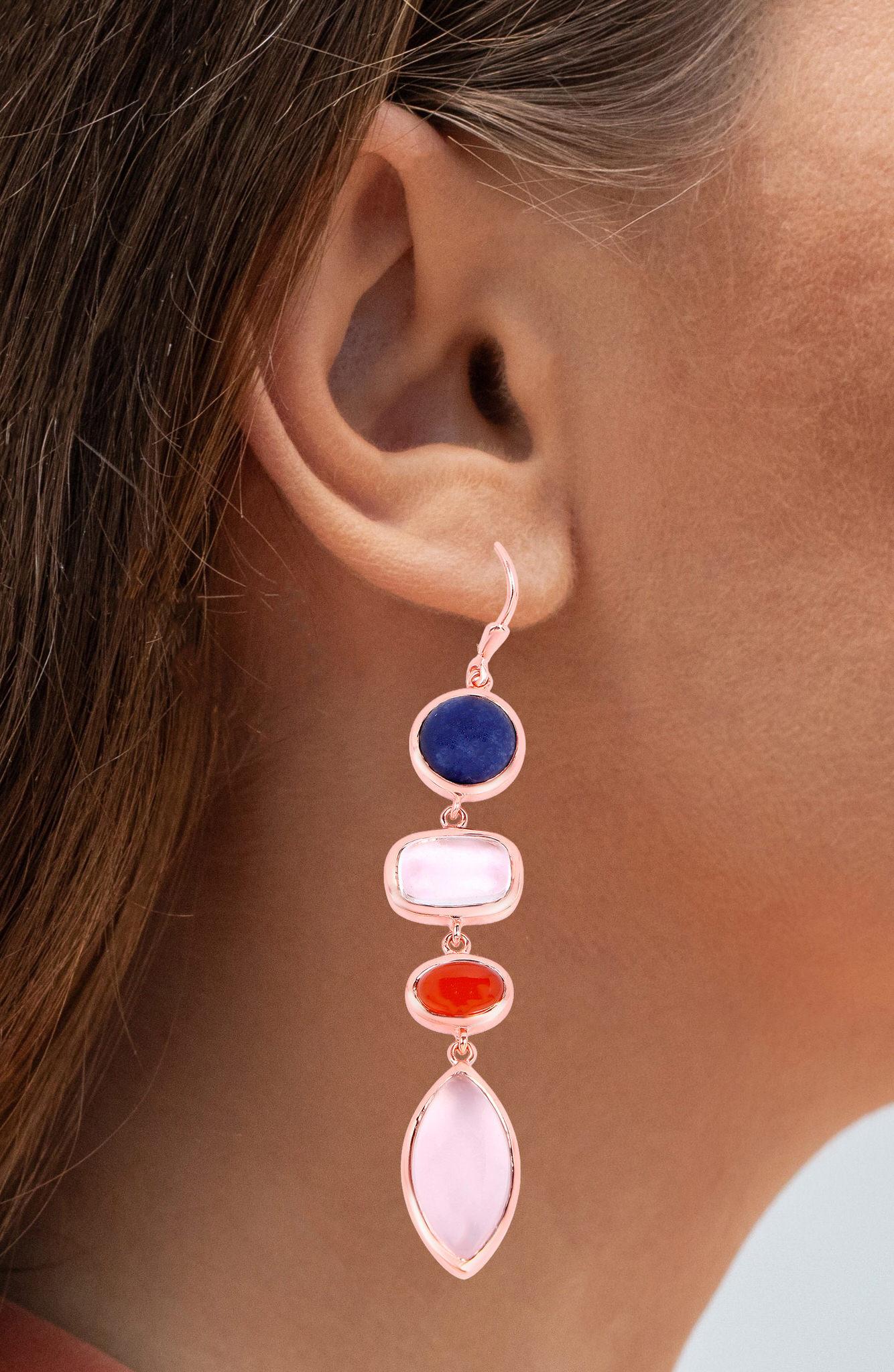 Pendientes Colgantes Aventurina Azul Cornalina Cuarzo Rosa 33 Quilates Baño de Oro 14K Cabujón en venta