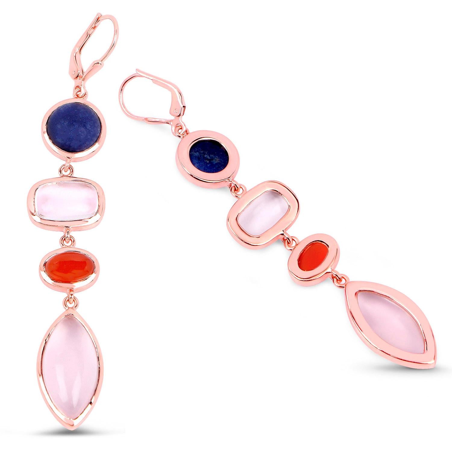 Pendientes Colgantes Aventurina Azul Cornalina Cuarzo Rosa 33 Quilates Baño de Oro 14K en Excelente estado para la venta en Punta Gorda, FL