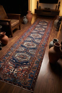 Blue Azerbaijan Wool Hand Knotted Runner 4 ft x 17 ft , Tribal Medallion Passage