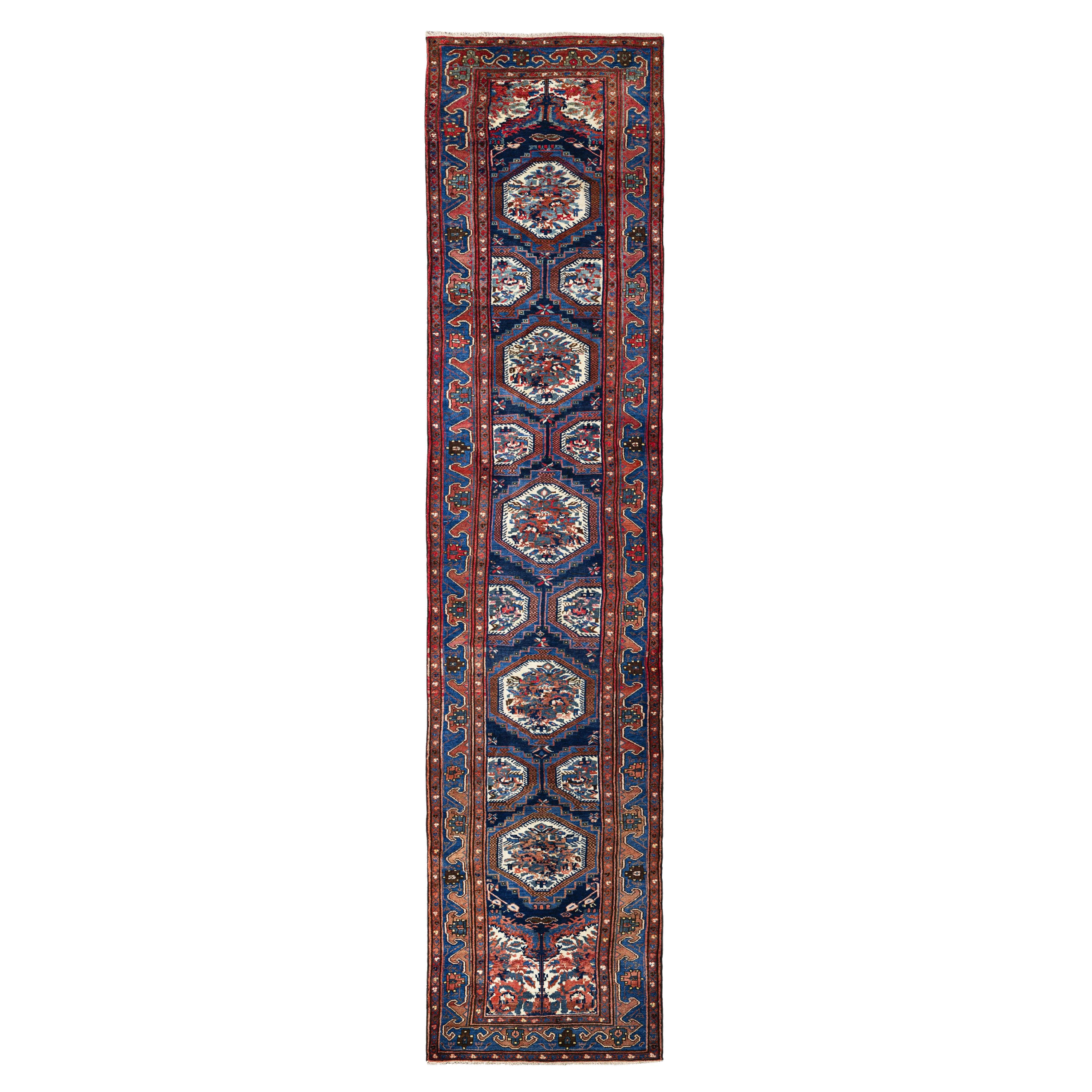 Blue Azerbaijan Wool Hand Knotted Runner 4 ft x 17 ft , Tribal Medallion Passage en venta