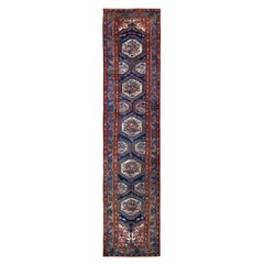 Blue Azerbaijan Wool Hand Knotted Runner 4 ft x 17 ft , Tribal Medallion Passage