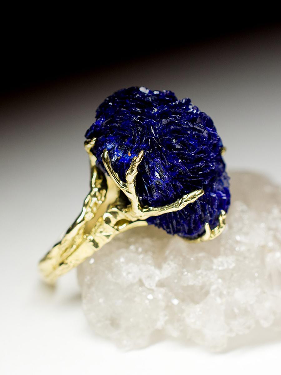 Blue Azurite Crystal Flower Yellow Gold Ring Statement Ring For Sale 1