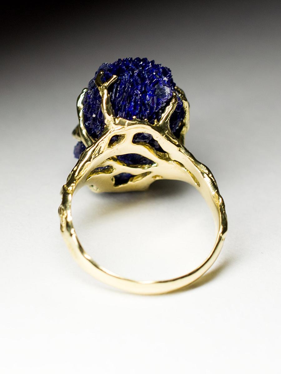 Blue Azurite Crystal Flower Yellow Gold Ring Statement Ring For Sale 2