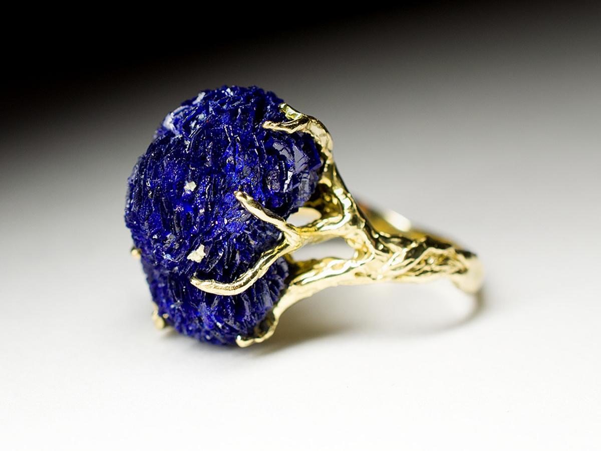 14K yellow gold ring with natural Azurite flower
weight of the stone - 26 ct
weight of the ring - 10 grams
size or the ring - 7 US (this ring may be resized, please contact us for further information) 
stone measurements - 0.47 x 0.47 x 0.55 in / 12
