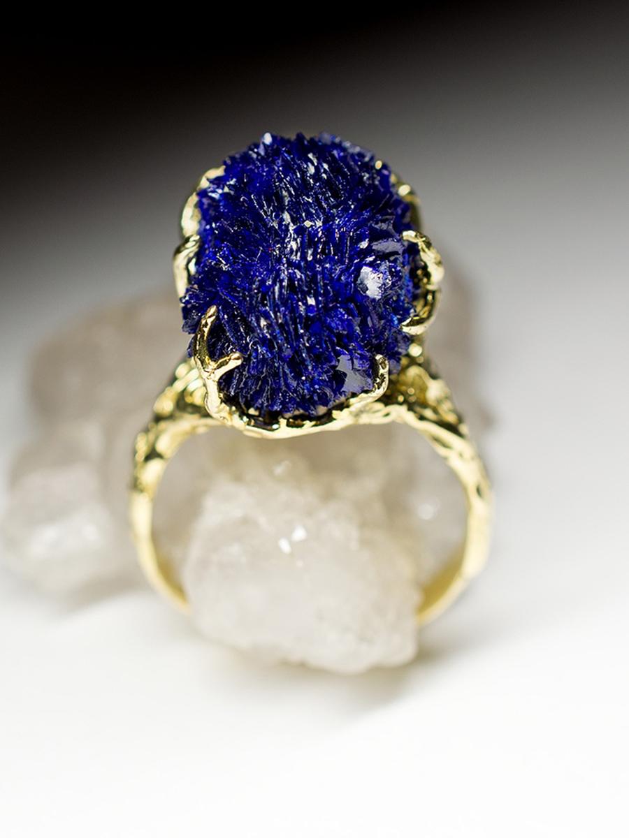 Artisan Blue Azurite Crystal Flower Yellow Gold Ring Statement Ring For Sale