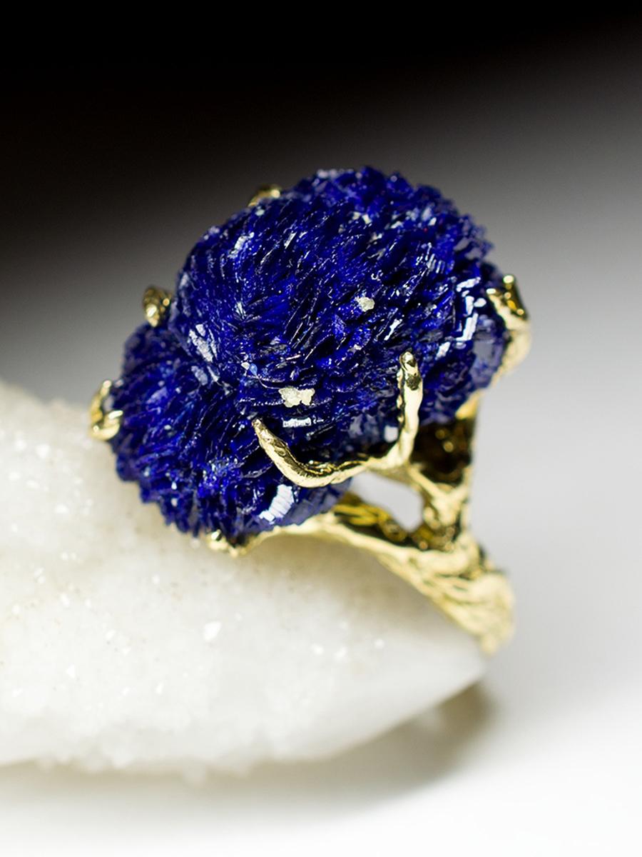 Uncut Blue Azurite Crystal Flower Yellow Gold Ring Statement Ring For Sale