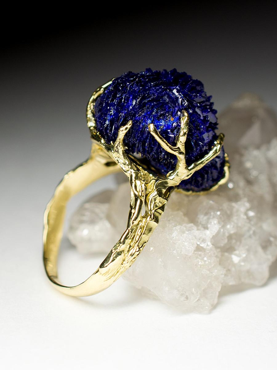 Women's or Men's Blue Azurite Crystal Flower Yellow Gold Ring Statement Ring For Sale
