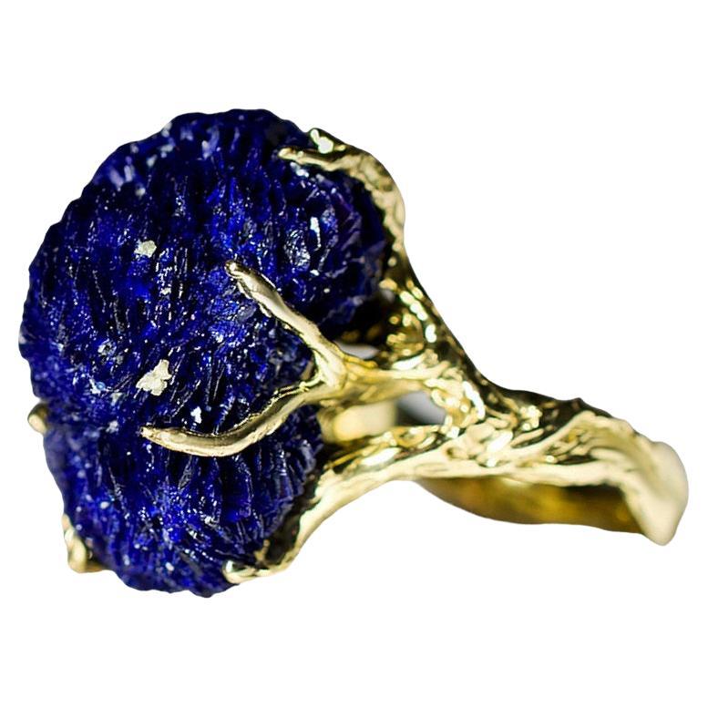 Blue Azurite Crystal Flower Yellow Gold Ring Statement Ring