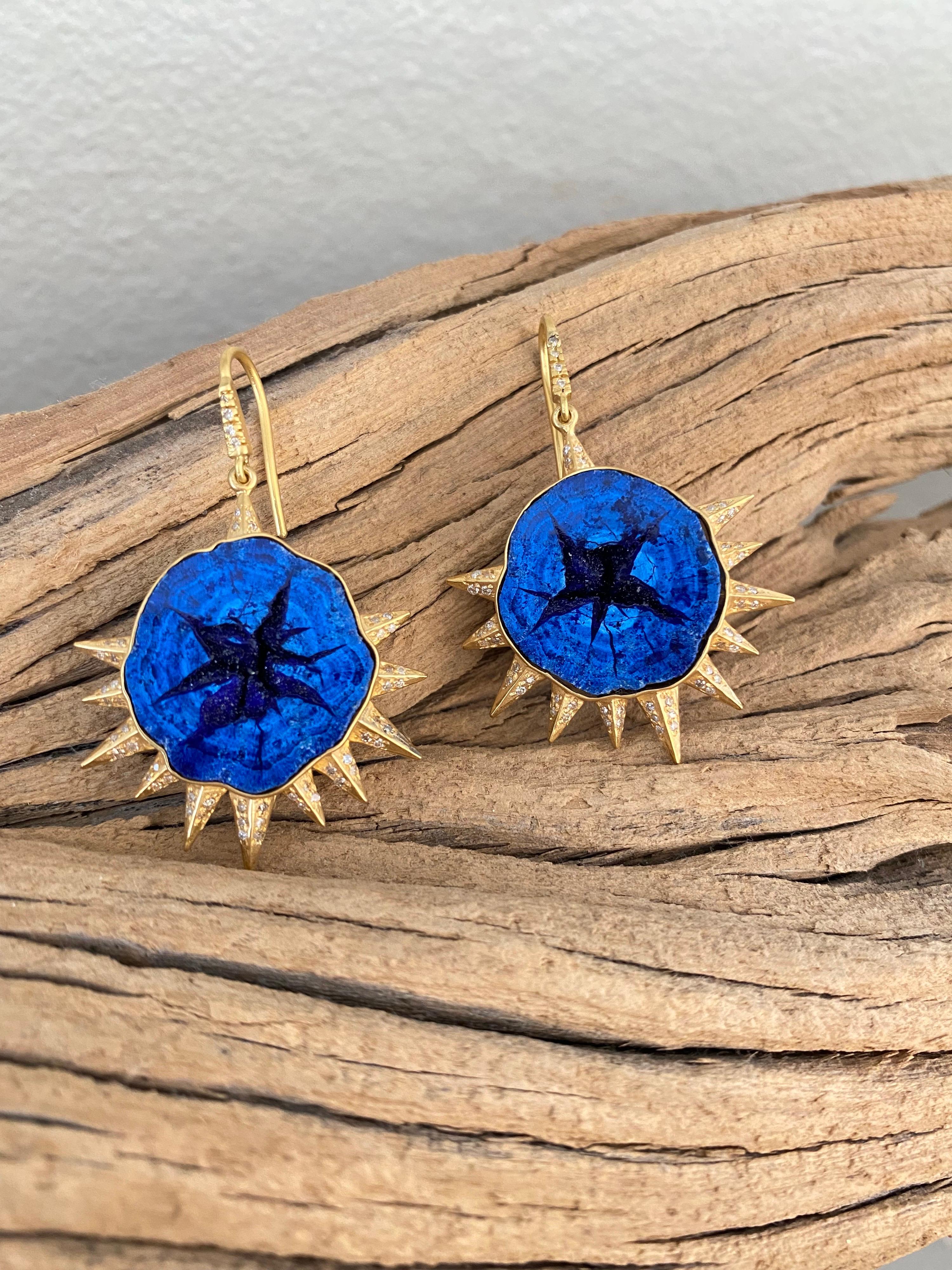 Blue Azurite Diamonds, i8kt Gold Earrings by Lauren Harper For Sale 2