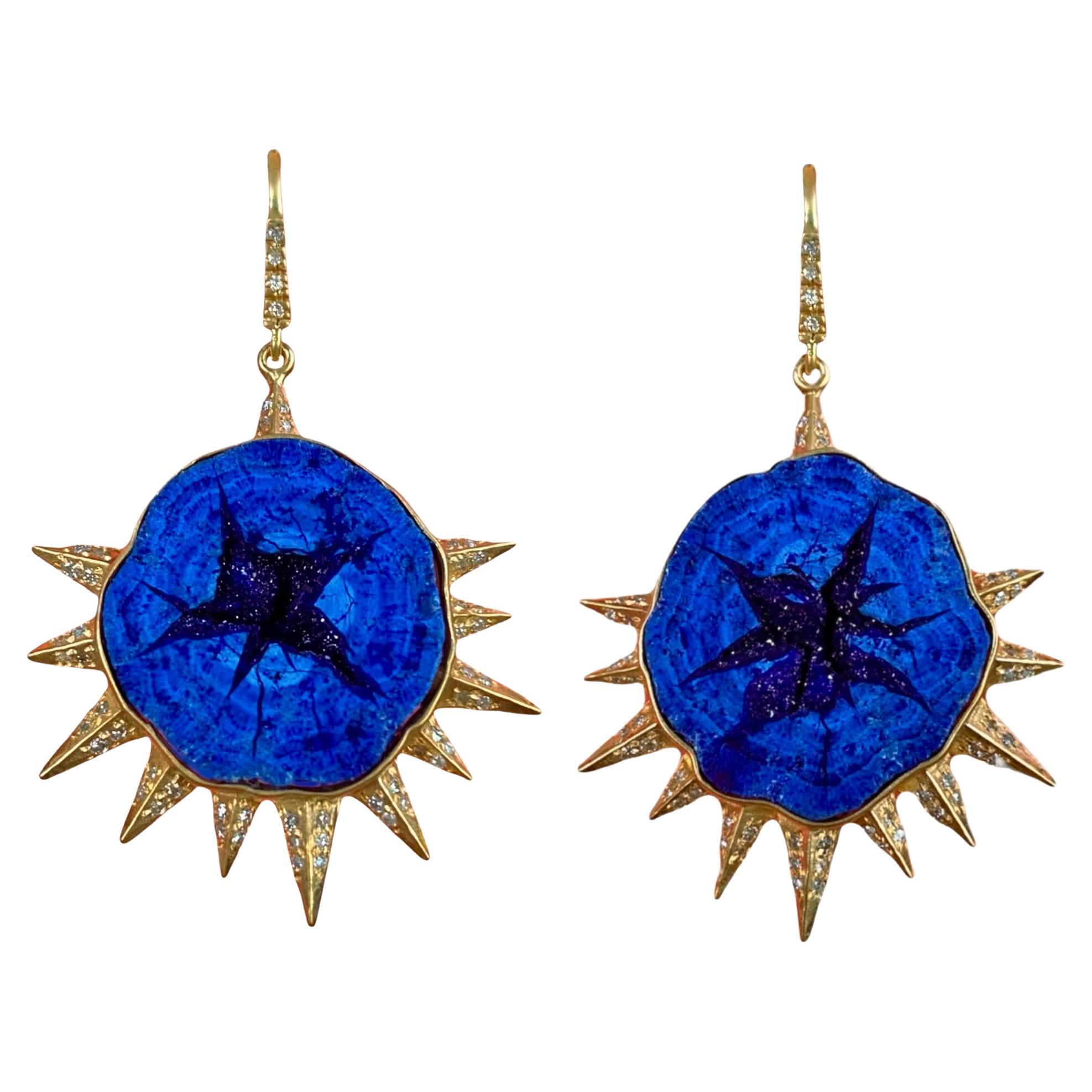 Blue Azurite Diamonds, i8kt Gold Earrings by Lauren Harper For Sale