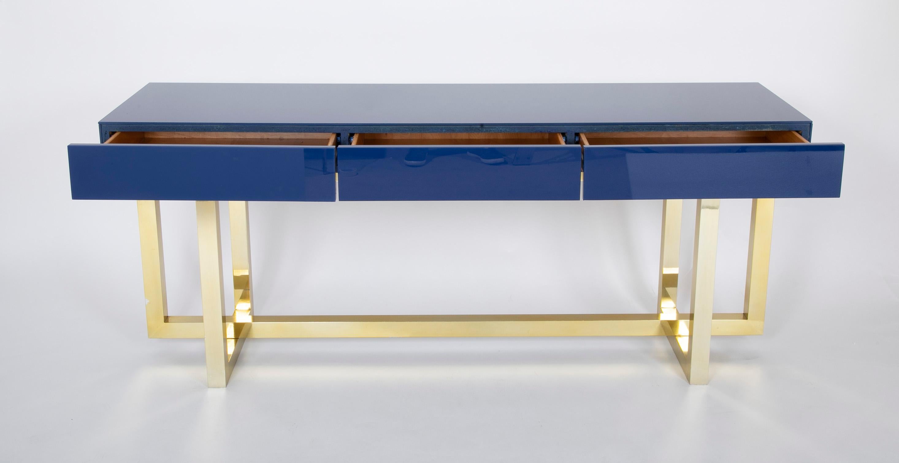 Romeo Rega Console Table of Brass with Brilliant Blue Glass Top 1