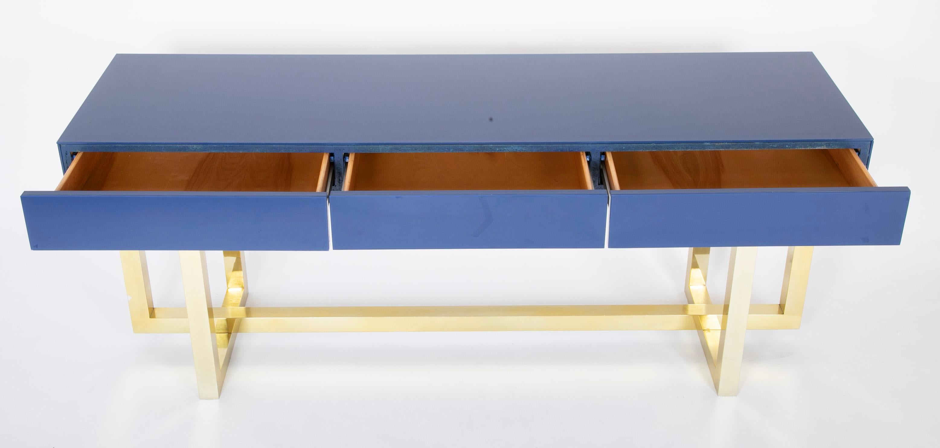 Romeo Rega Console Table of Brass with Brilliant Blue Glass Top 2