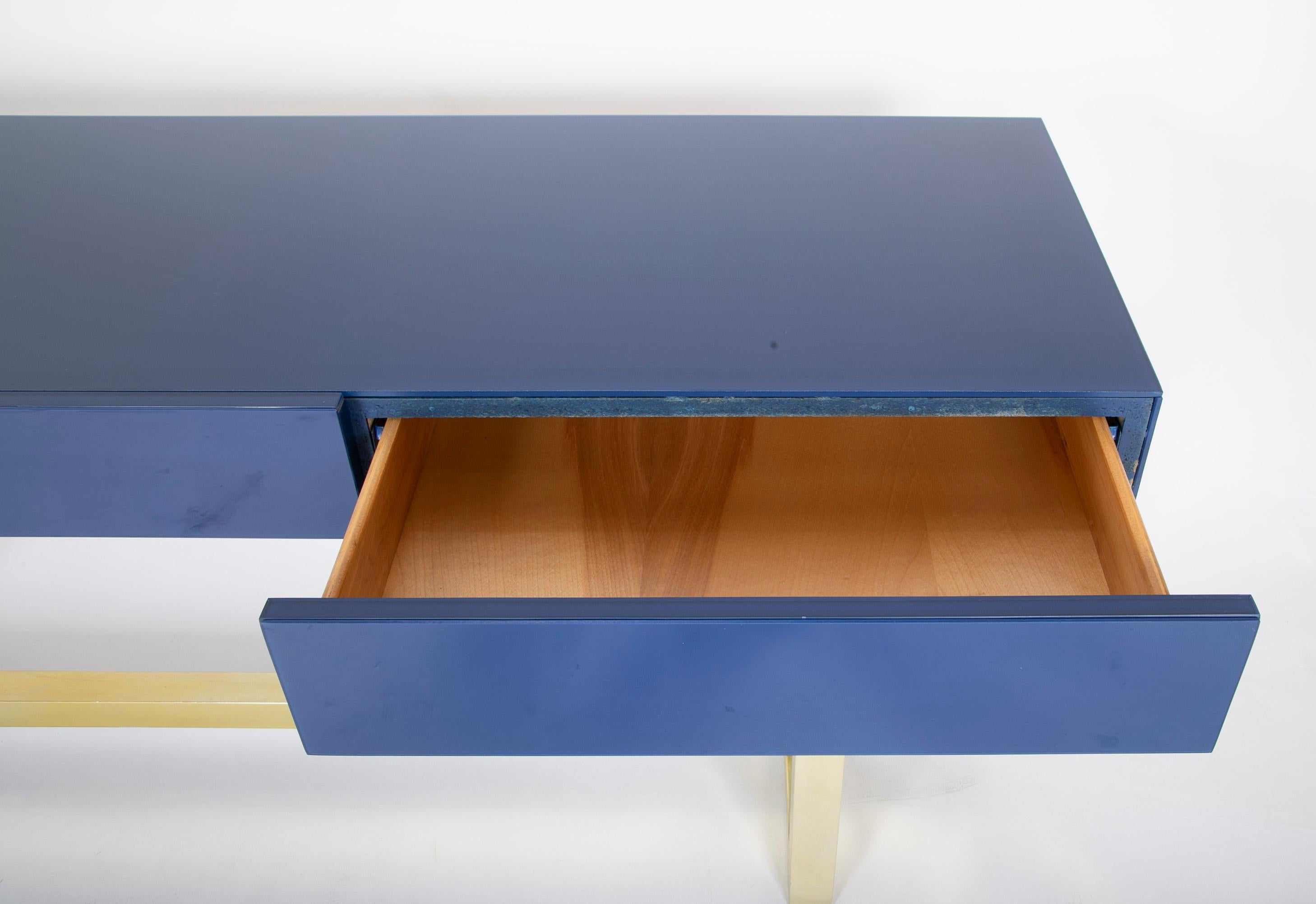 Romeo Rega Console Table of Brass with Brilliant Blue Glass Top 3