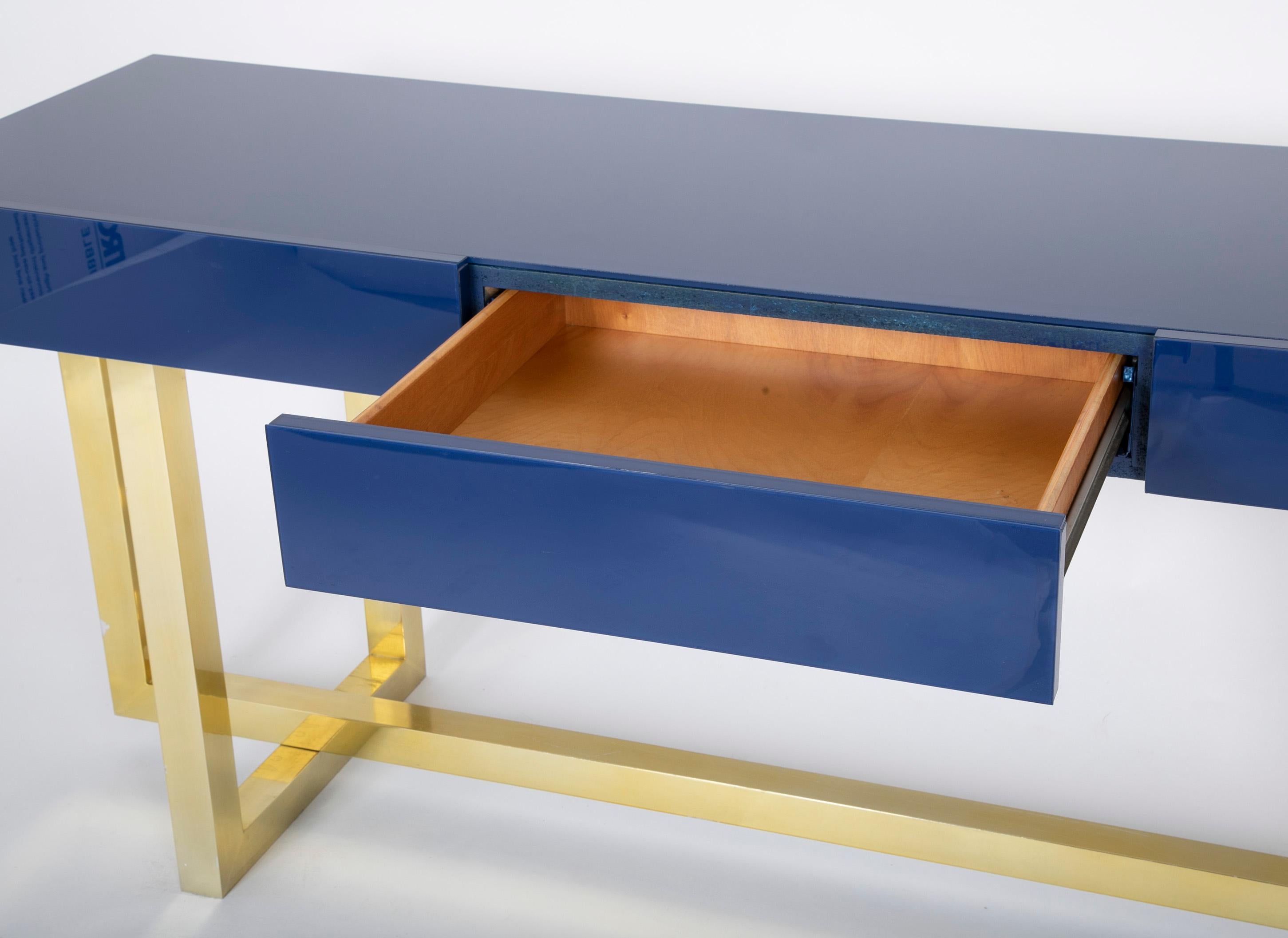 Romeo Rega Console Table of Brass with Brilliant Blue Glass Top 5