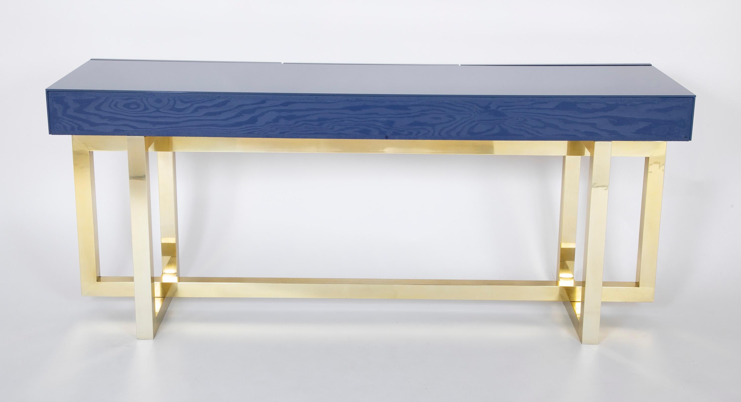 Romeo Rega Console Table of Brass with Brilliant Blue Glass Top 9