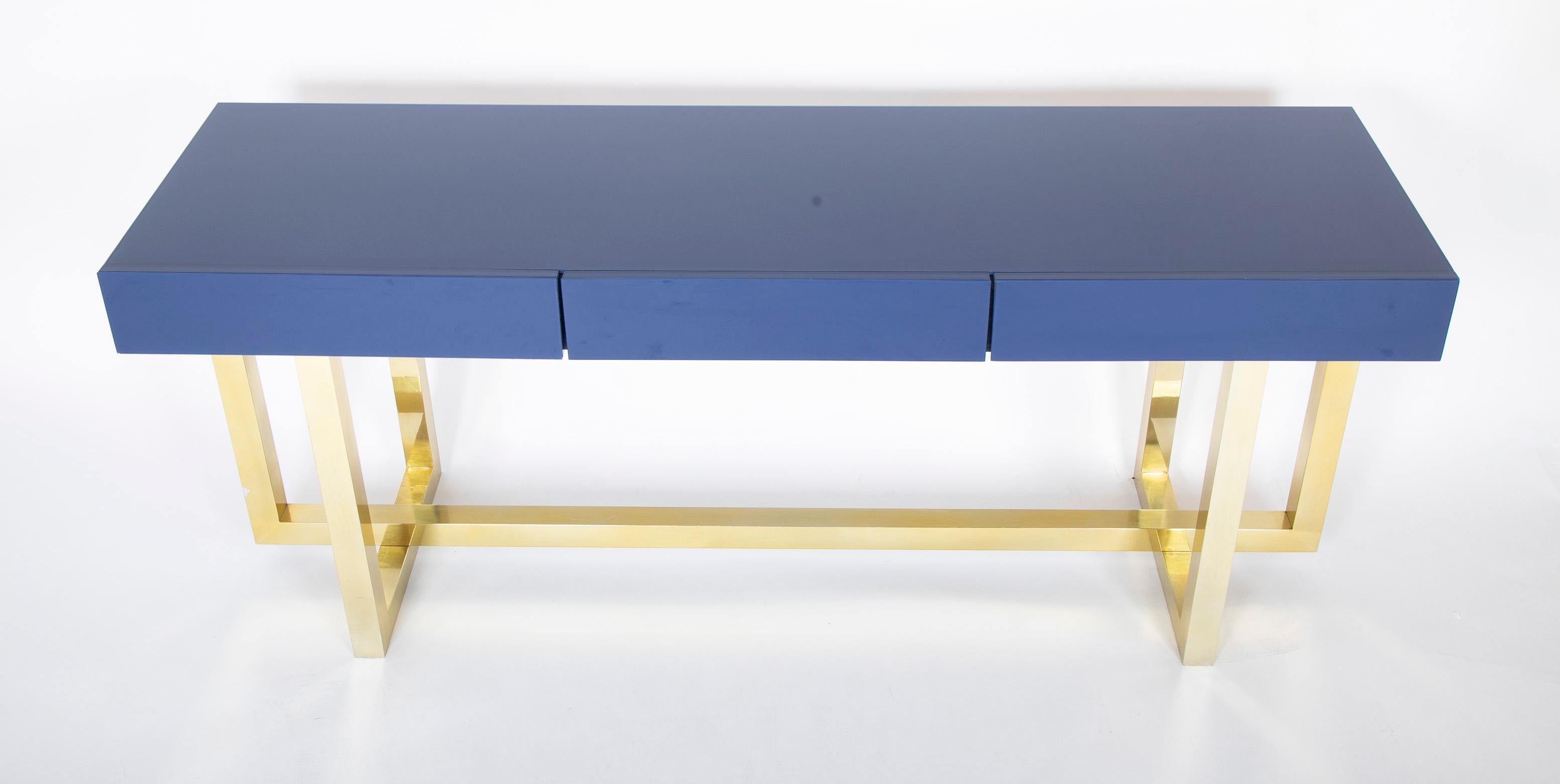 Mid-Century Modern Romeo Rega Console Table of Brass with Brilliant Blue Glass Top