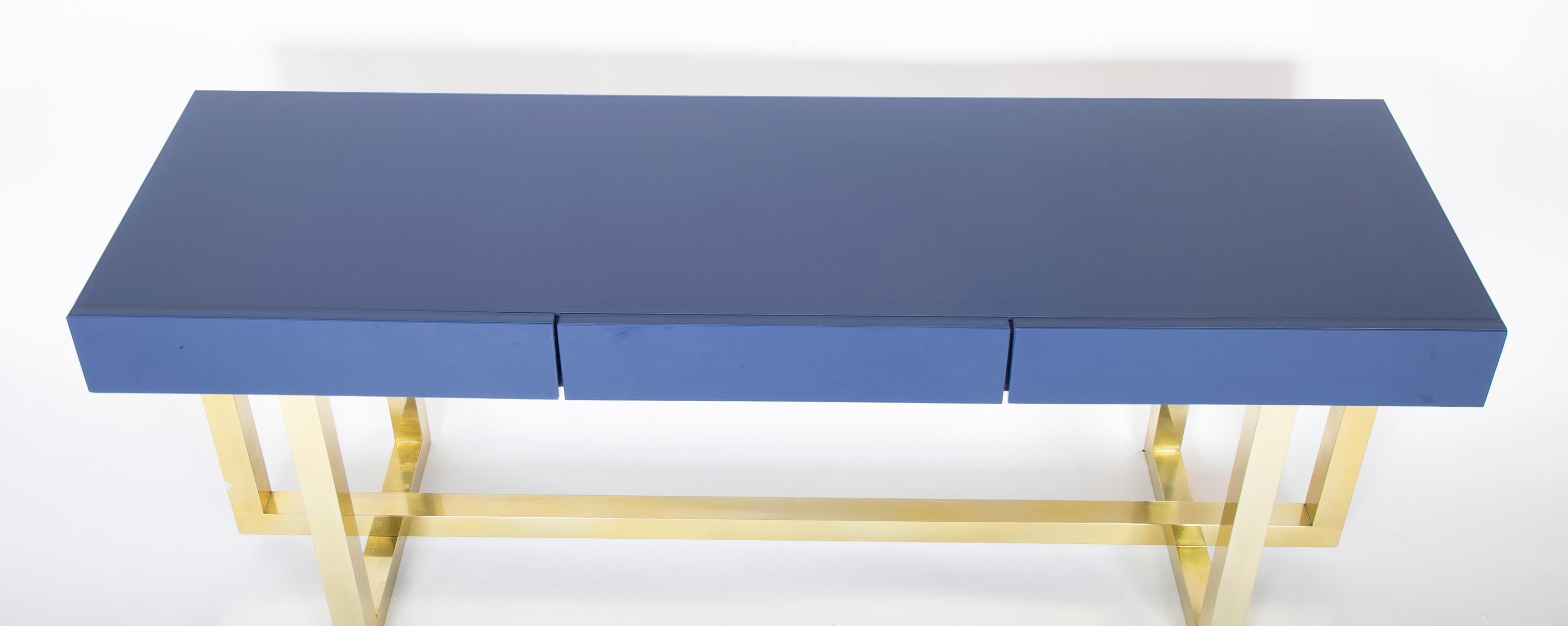 Italian Romeo Rega Console Table of Brass with Brilliant Blue Glass Top