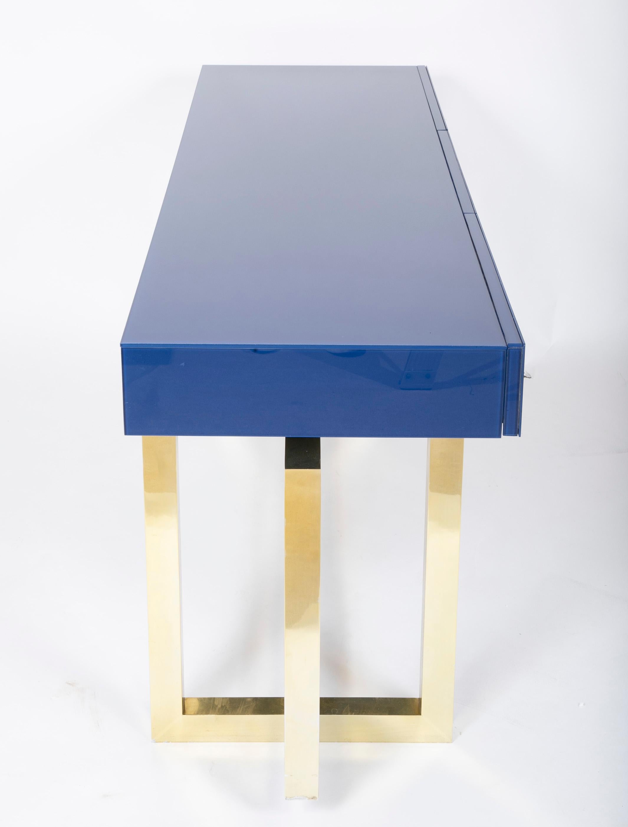 Painted Romeo Rega Console Table of Brass with Brilliant Blue Glass Top