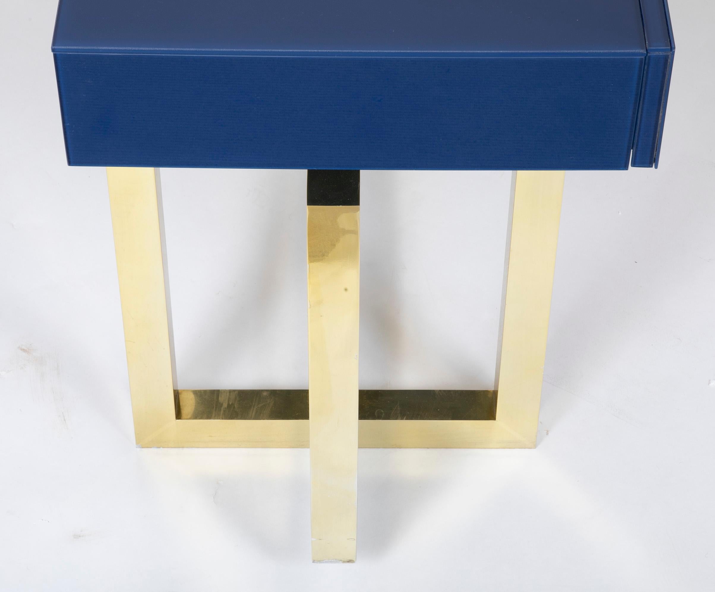 Late 20th Century Romeo Rega Console Table of Brass with Brilliant Blue Glass Top