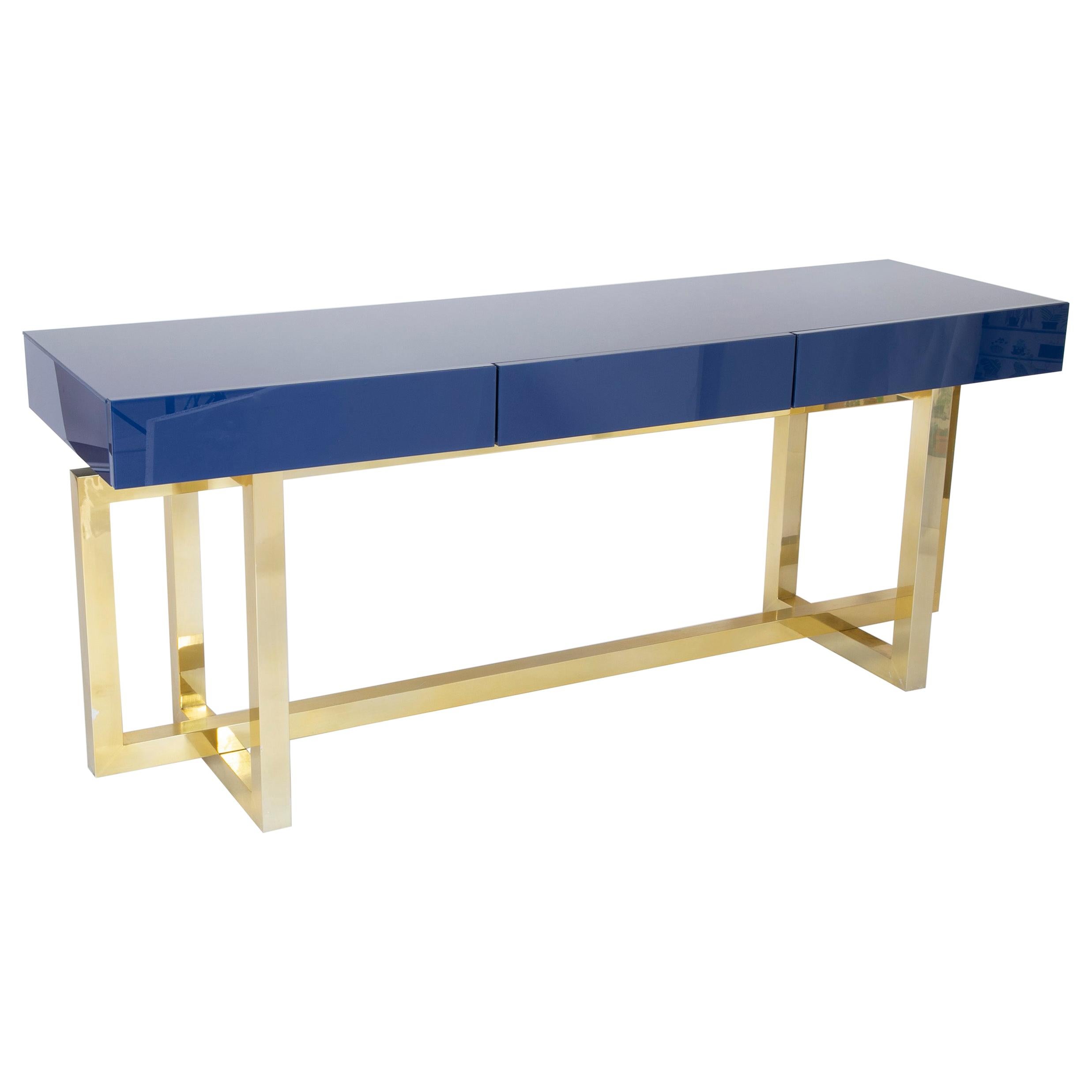 Romeo Rega Console Table of Brass with Brilliant Blue Glass Top