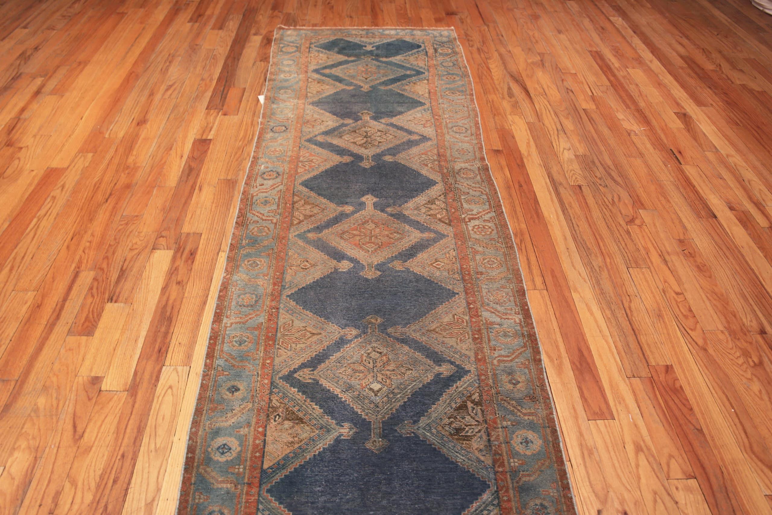 Blue Background Antique Persian Malayer Runner Rug, Country of Origin: Persia, Circa date: 1920. Size: 3 ft 5 in x 17 ft (1.04 m x 5.18 m)