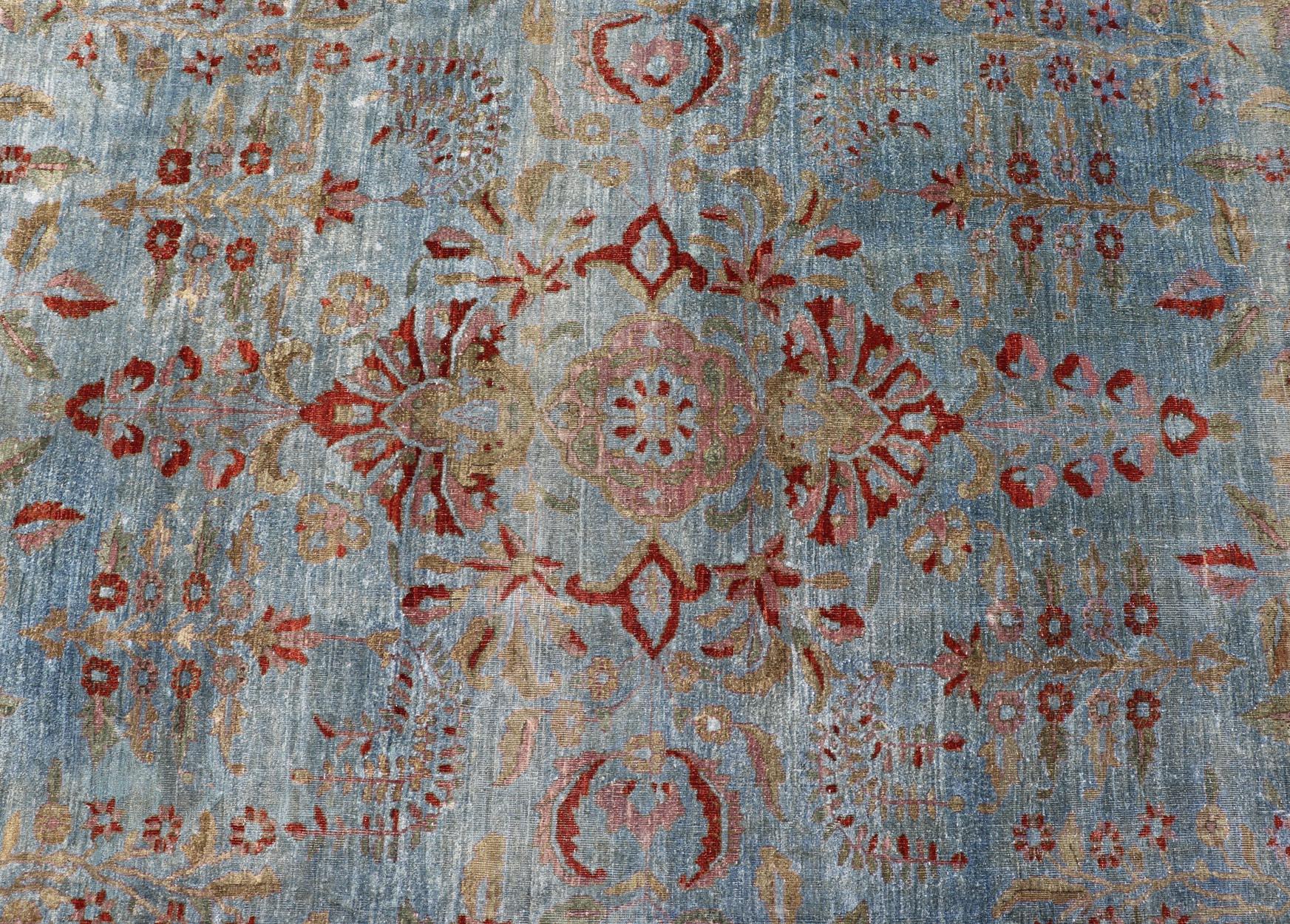Blue Background Antique Persian Mohajerah Rug with Salmon, Blue, Green, and Red For Sale 2