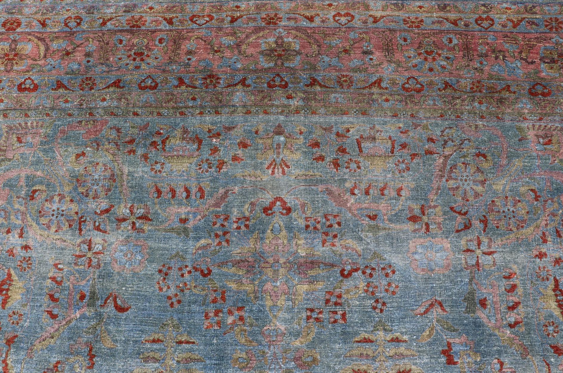 Blue Background Antique Persian Mohajerah Rug with Salmon, Blue, Green, and Red For Sale 3