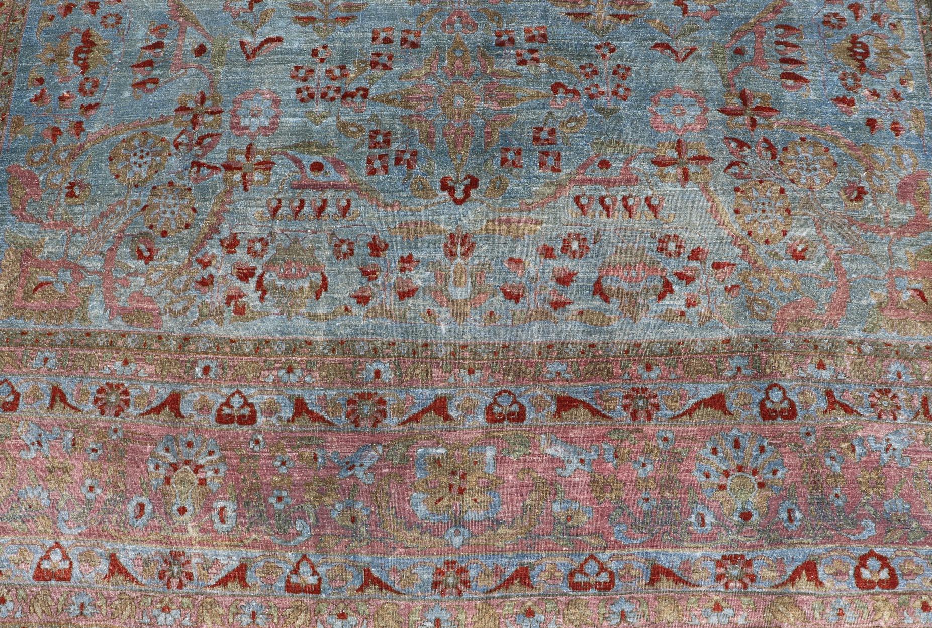 Blue Background Antique Persian Mohajerah Rug with Salmon, Blue, Green, and Red For Sale 6