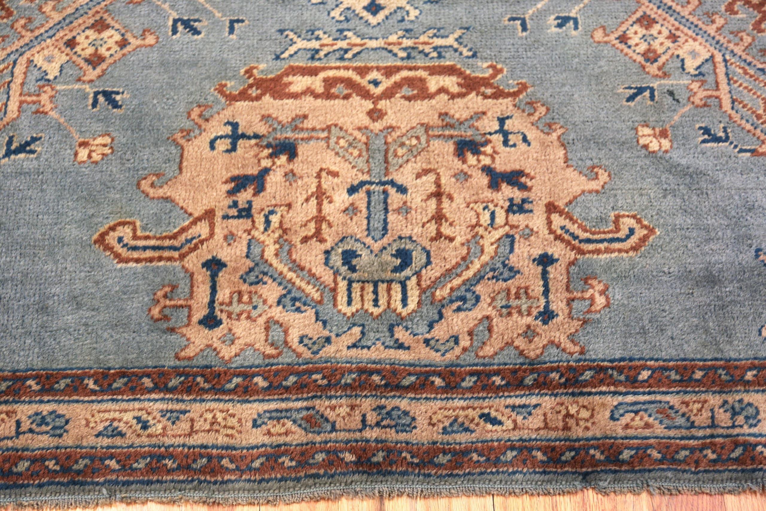 Blue Background Antique Turkish Oushak Square Rug, Country of origin / rug type: Turkish rugs, Circa date: 1920. Size: 4 ft 9 in x 5 ft (1.45 m x 1.52 m)

