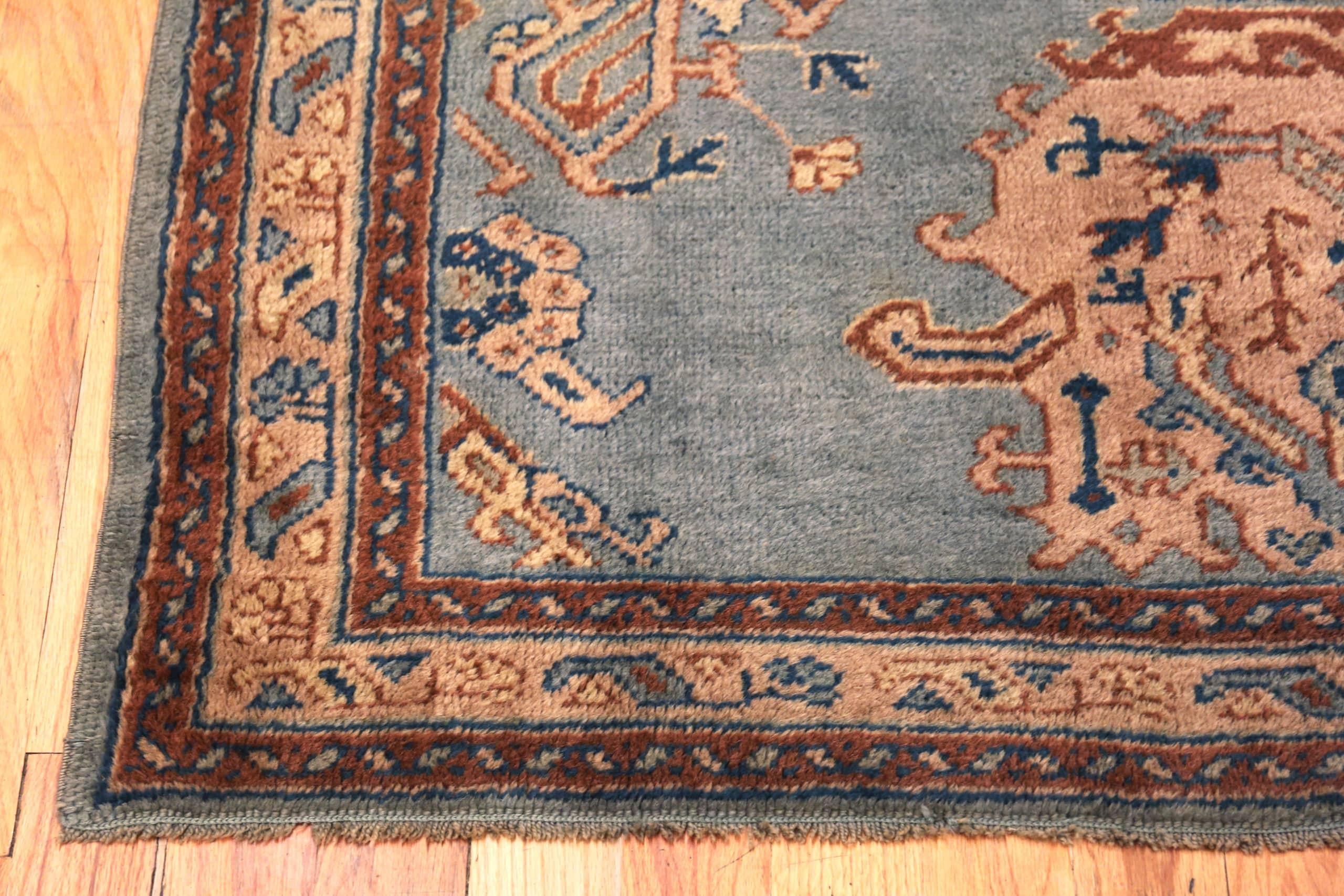 Blue Background Antique Turkish Oushak Square Rug. 4 ft 9 in x 5 ft In Good Condition In New York, NY