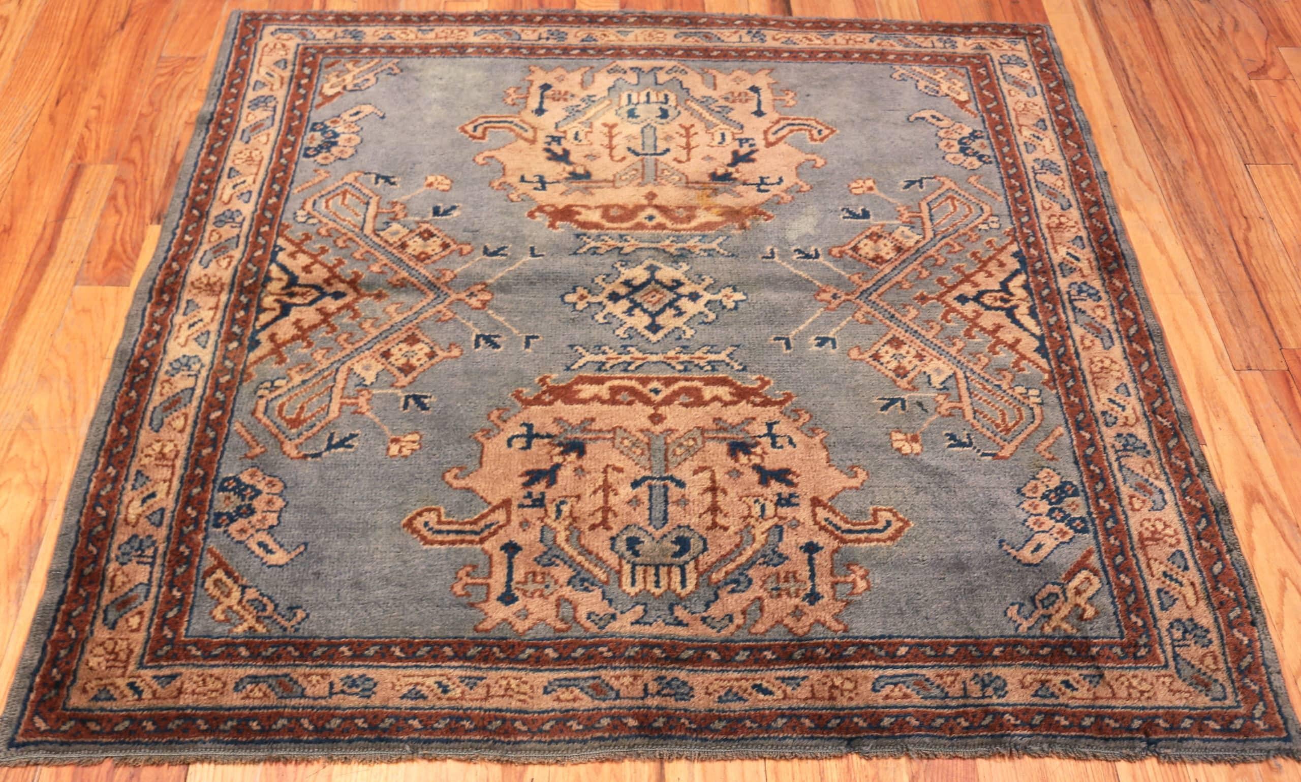 20th Century Blue Background Antique Turkish Oushak Square Rug. 4 ft 9 in x 5 ft