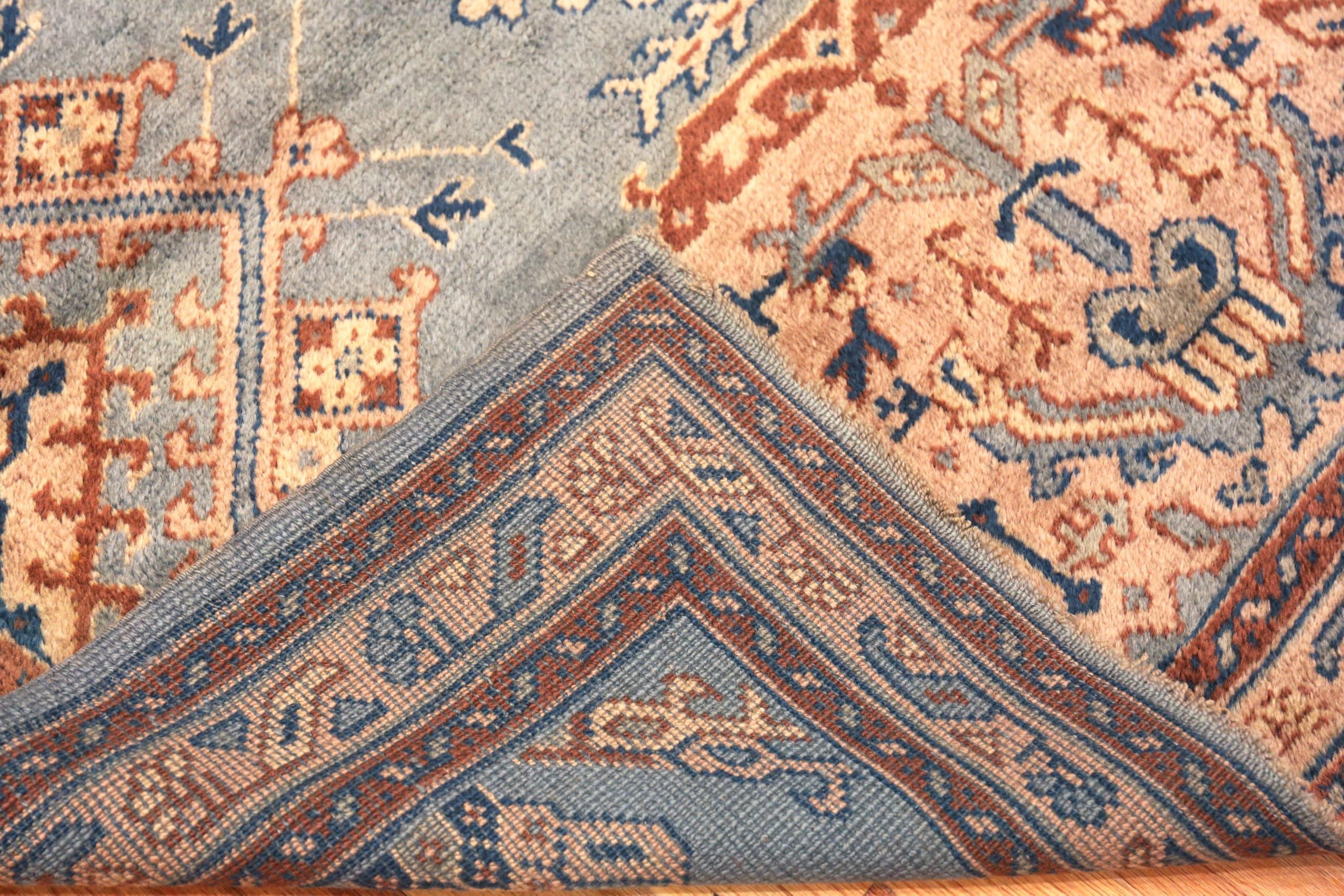 Wool Blue Background Antique Turkish Oushak Square Rug. 4 ft 9 in x 5 ft