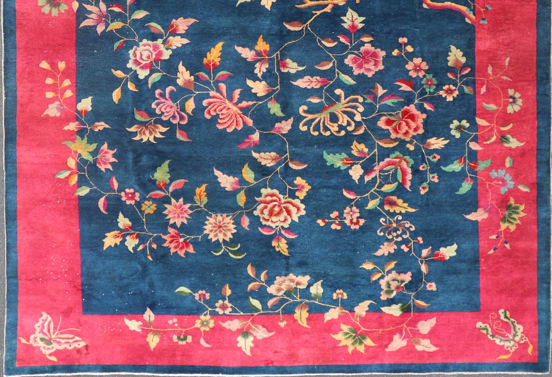 Blue Background Chinese Art Deco Rug with Large Vining Flowers and Leaves  For Sale 4