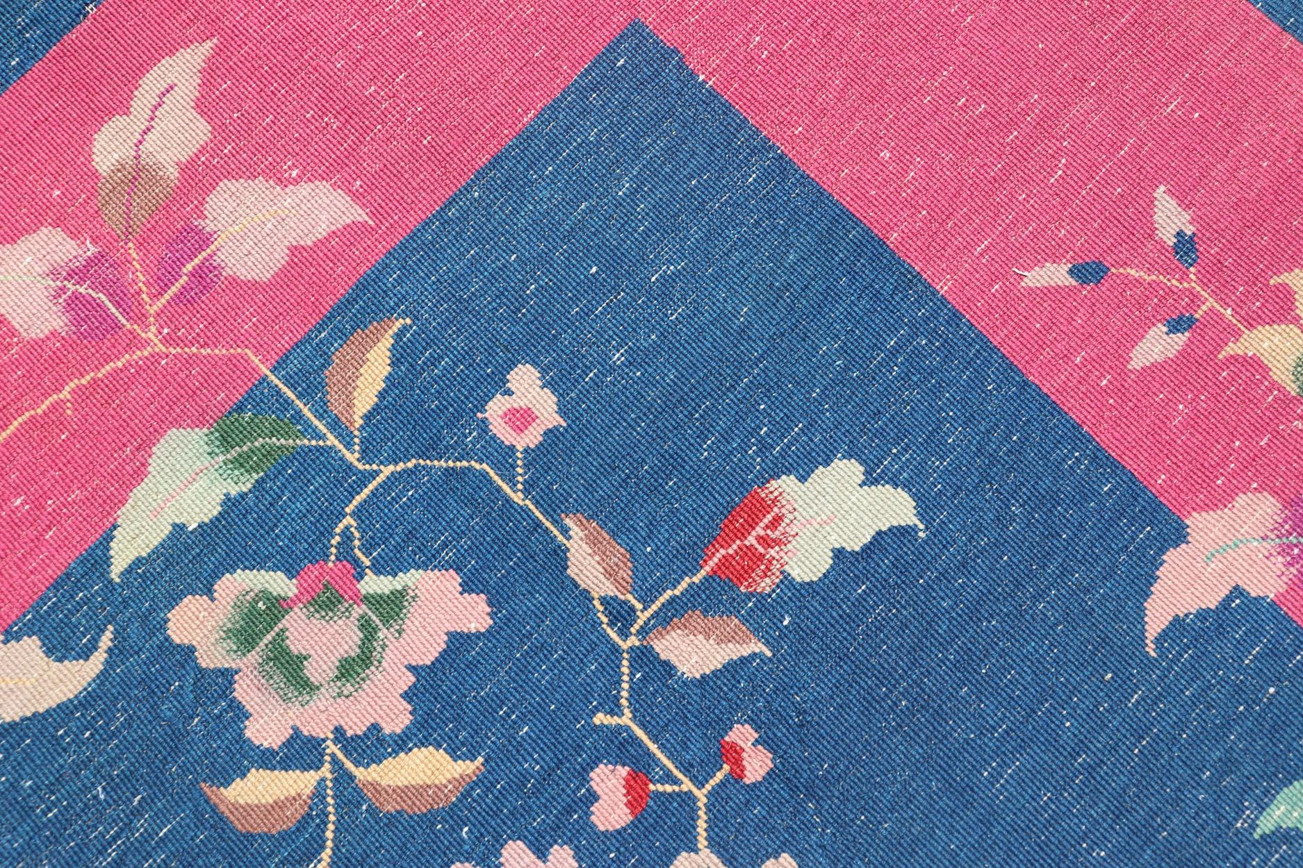 Blue Background Chinese Art Deco Rug with Large Vining Flowers and Leaves  For Sale 5
