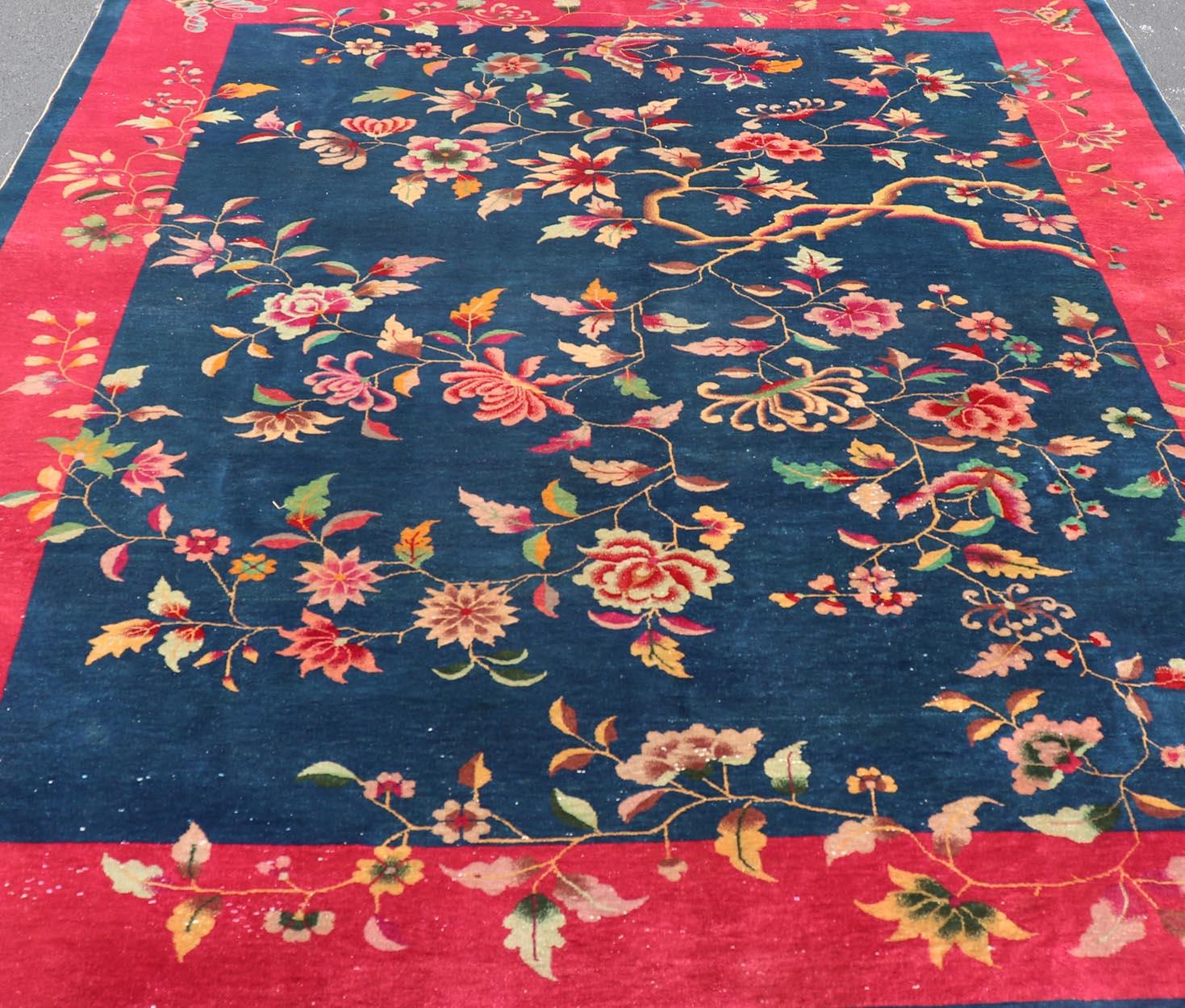 Blue Background Chinese Art Deco Rug with Large Vining Flowers and Leaves  For Sale 7