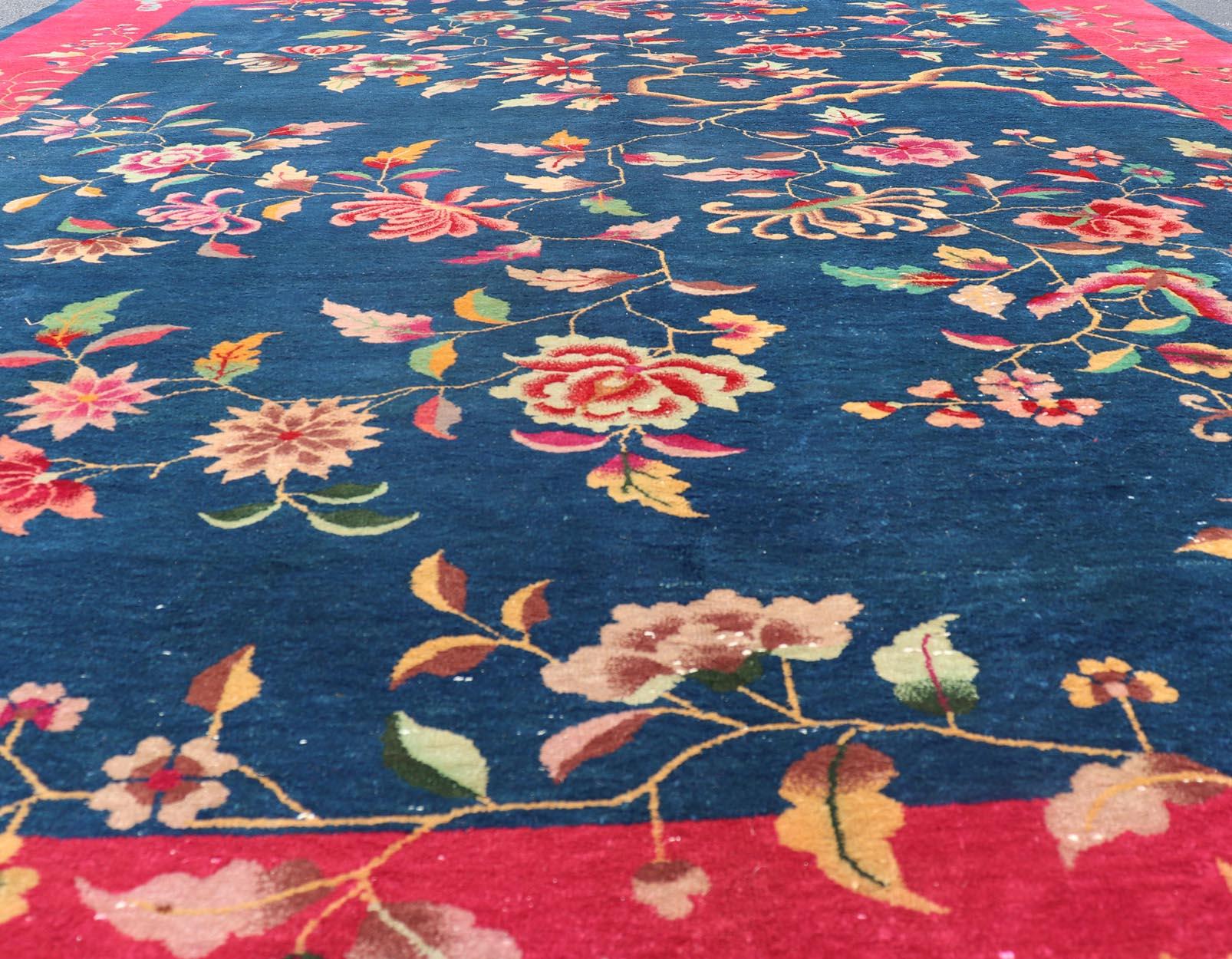 Blue Background Chinese Art Deco Rug with Large Vining Flowers and Leaves  For Sale 8
