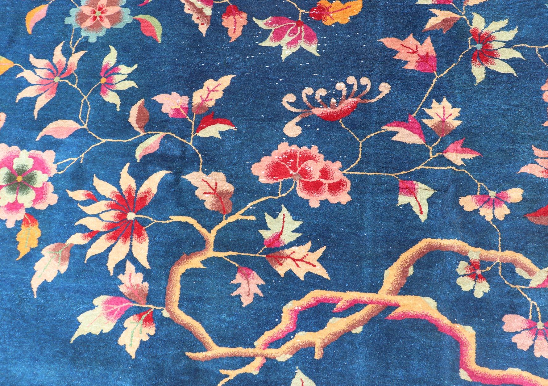 Blue Background Chinese Art Deco Rug with Large Vining Flowers and Leaves  For Sale 10
