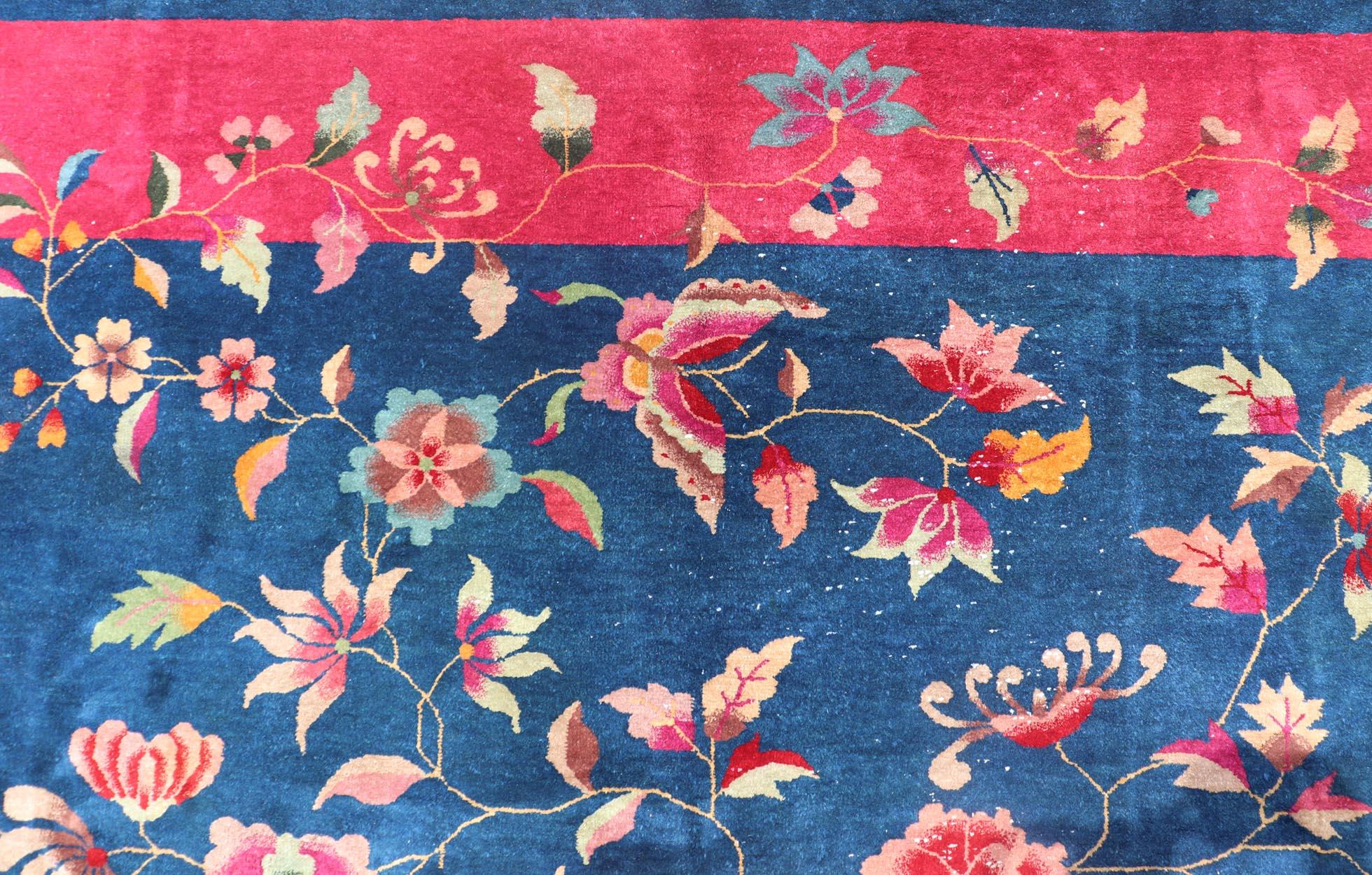 Hand-Knotted Blue Background Chinese Art Deco Rug with Large Vining Flowers and Leaves  For Sale