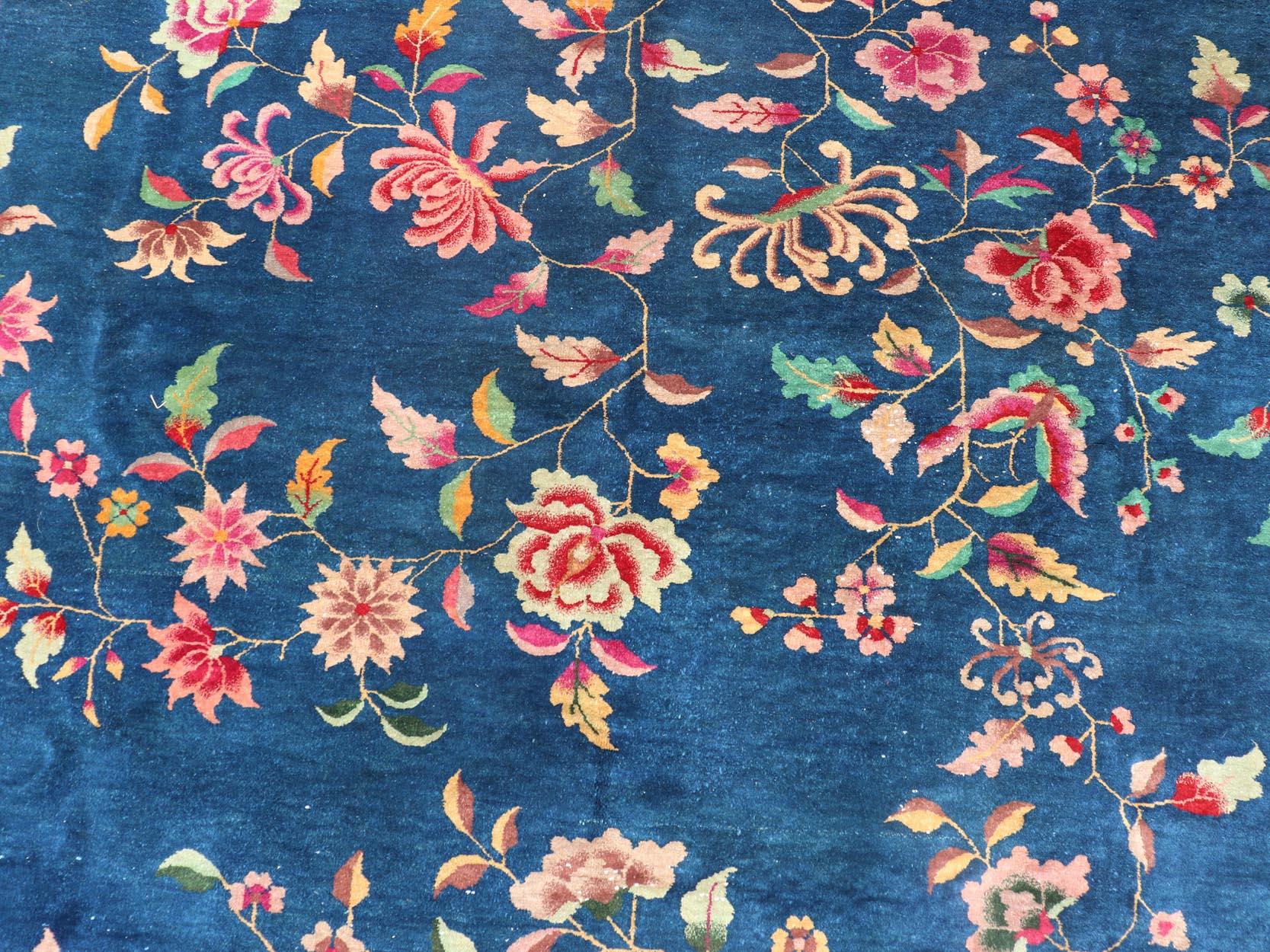 Wool Blue Background Chinese Art Deco Rug with Large Vining Flowers and Leaves  For Sale